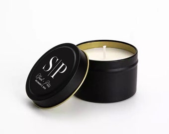 Bulk Wedding Candle Favors - Initials Candles - Black Tin Candles - Custom Candle Favors - Shower Favor - BULK Candles -  White Confetti