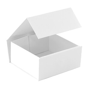 May include: A white cardboard box with a hinged lid. The lid is open and the box is empty.