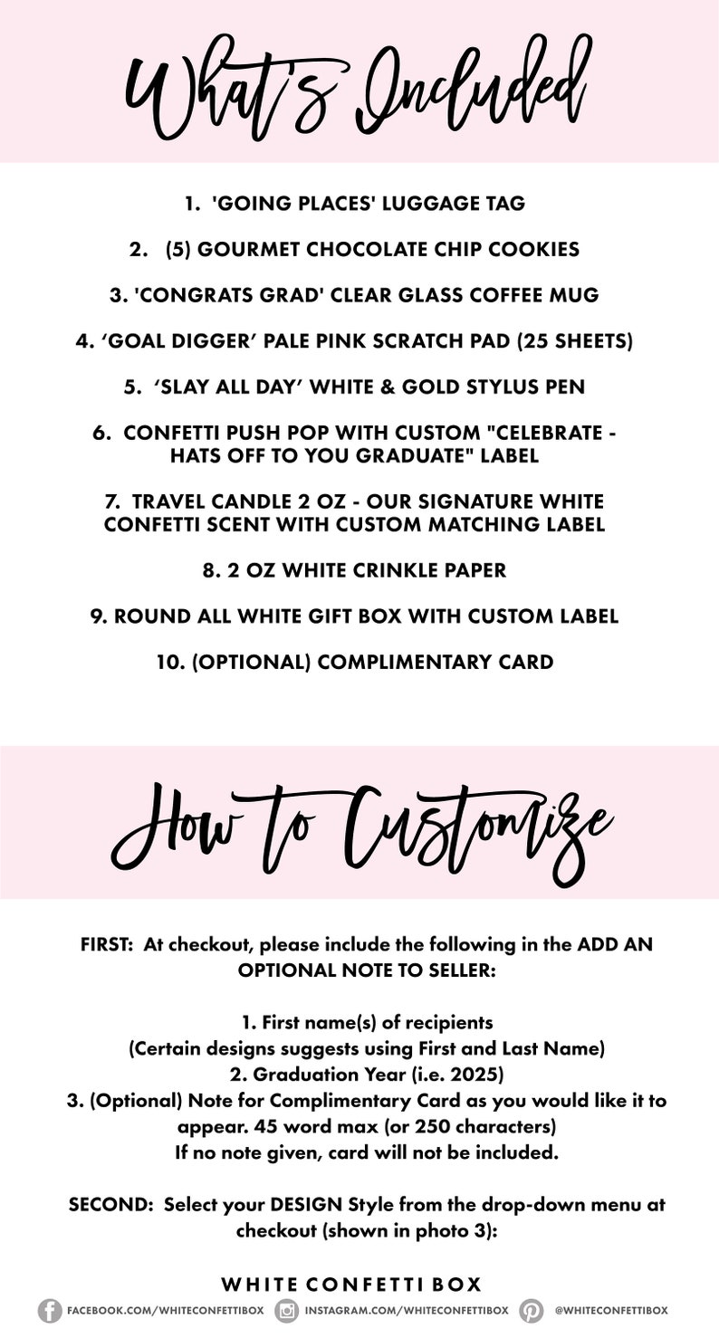 May include: A list of items included in a graduation gift box, including a luggage tag, chocolate chip cookies, a coffee mug, a scratch pad, a stylus pen, a confetti push pop, a travel candle, white crinkle paper, a gift box, and a complimentary card. The text "What's Included" and "How to Customize" is also included in the image.