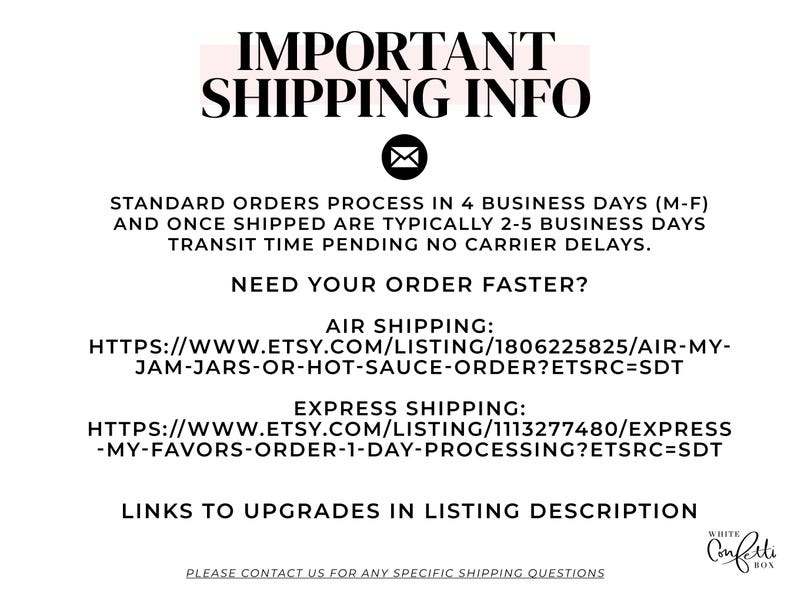 May include: White text on a black background provides important shipping information. The text includes details about order processing times, shipping options, and links to upgrades. The words "IMPORTANT SHIPPING INFO" are at the top.