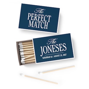 a set of matchsticks with a blue label that reads "The Perfect Match" and "The Joneses" written on them.