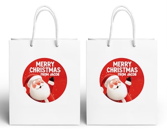 Kids Christmas Gift Wrap- Christmas Gift Bags - SET OF 10 - With Custom Labels - White Christmas Gift Bags - Christmas Party Favor Bags