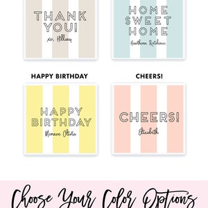 May include: A graphic displaying four confetti box designs. The designs feature the phrases "Thank You", "Home Sweet Home", "Happy Birthday", and "Cheers!" Each design has a distinct colour scheme and a striped background. The graphic also presents four colour options for the boxes: yellow, blue, peach, and taupe.