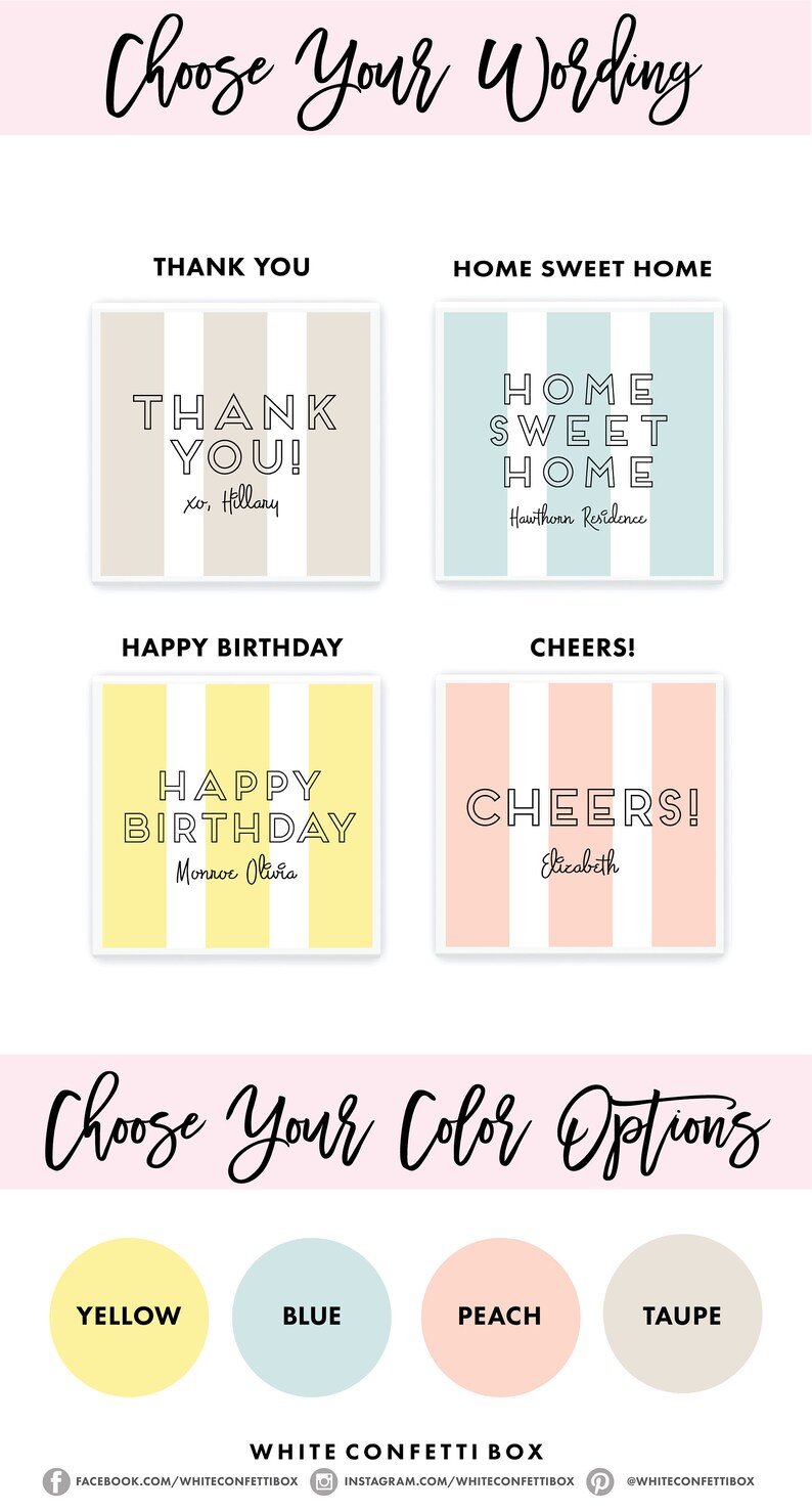 May include: A graphic displaying four confetti box designs. The designs feature the phrases "Thank You", "Home Sweet Home", "Happy Birthday", and "Cheers!" Each design has a distinct colour scheme and a striped background. The graphic also presents four colour options for the boxes: yellow, blue, peach, and taupe.