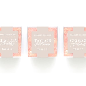 May include: Three clear boxes with pink and white marbled designs. Each box has a label with the text "Bradley Wedding" and a name, followed by "Table 5". The names are Claudia Markley, Taylor Williams, and George Andrews.