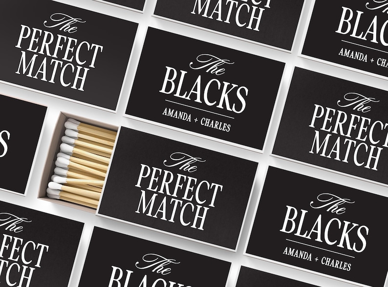 a collection of black and white matchbox labels, each featuring the text "The Perfect Match" and the names "Amanda + Charles".