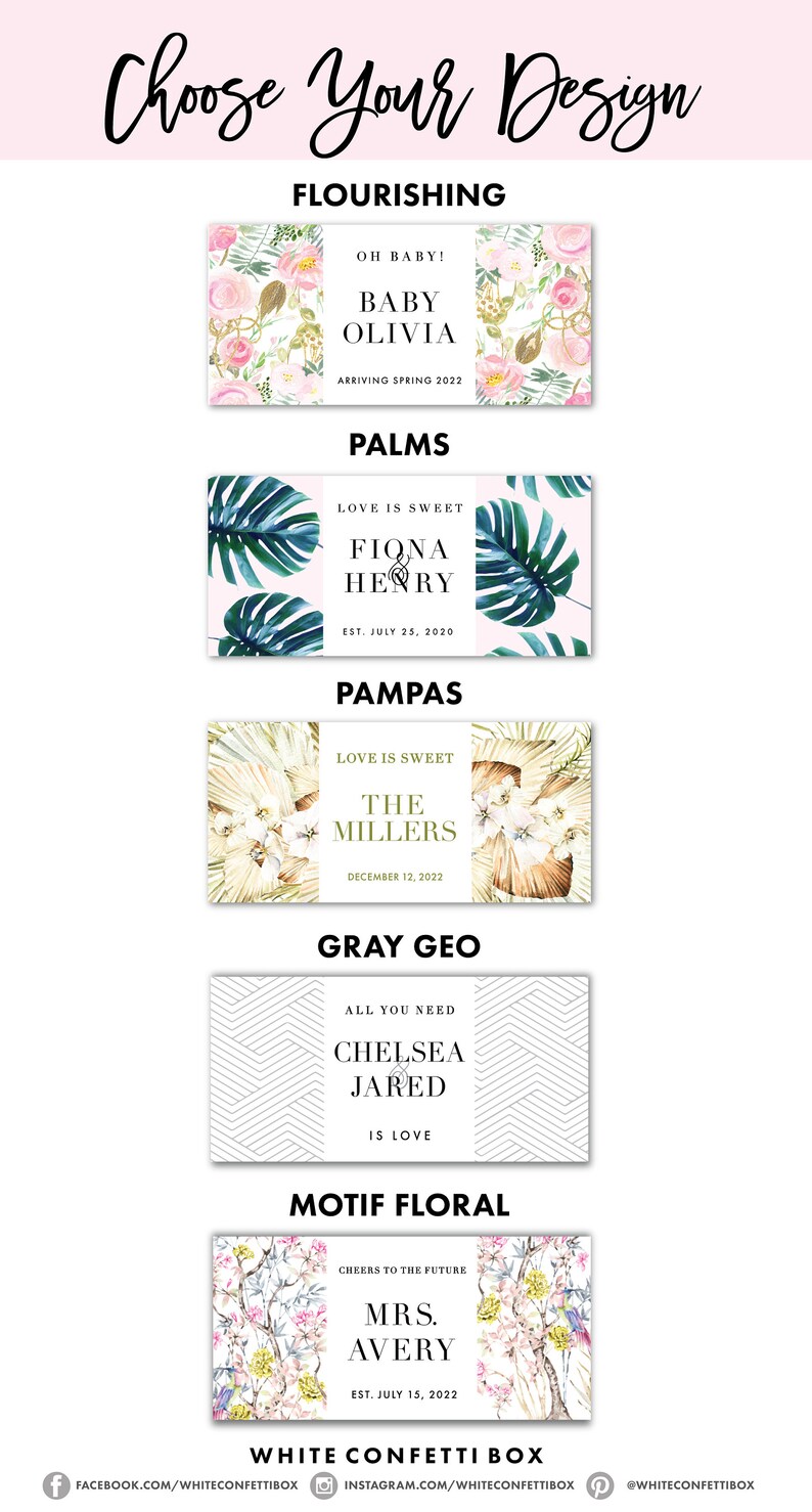 Pu&ograve; includere: Immagine con varie opzioni di design per etichette personalizzate. I design includono temi floreali, geometrici e botanici con testi come "Baby Olivia", "Fiona & Henry" e "The Millers". Il testo "Choose Your Design" &egrave; in alto.