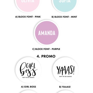 May include: A graphic showing different font options for a personalized confetti box. The options include block fonts in pink, mint, and purple, and script fonts for "Girl Boss", "Yaaas", "Yay", and "Hooray".