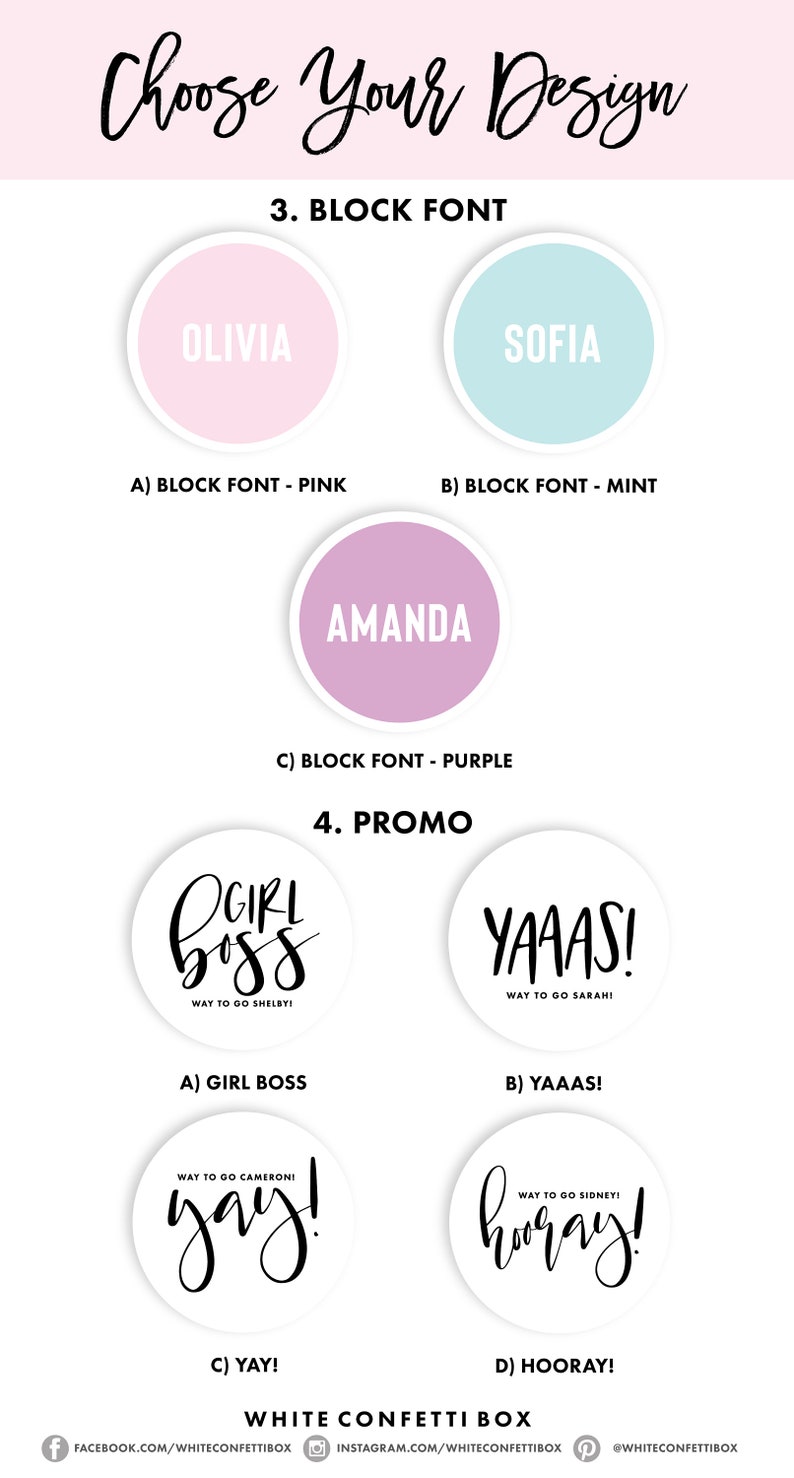 May include: A graphic showing different font options for a personalized confetti box. The options include block fonts in pink, mint, and purple, and script fonts for "Girl Boss", "Yaaas", "Yay", and "Hooray".