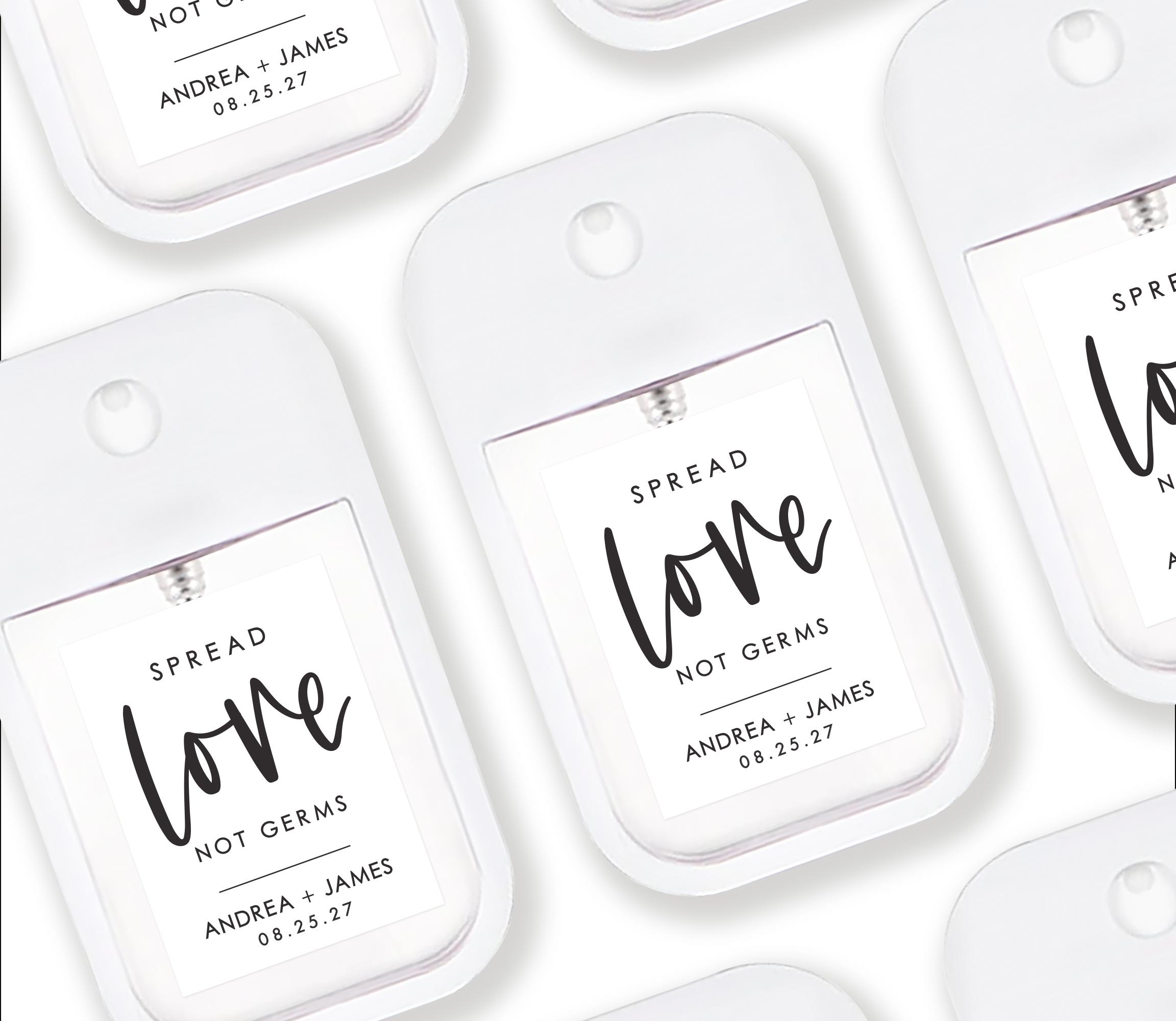 BULK Hochzeitsgeschenk Handdesinfektionsmittel - Spread Love Not Germs - Trendy und personalisiertes Duschgeschenk - Partygeschenke - Flasche im Kartenstil