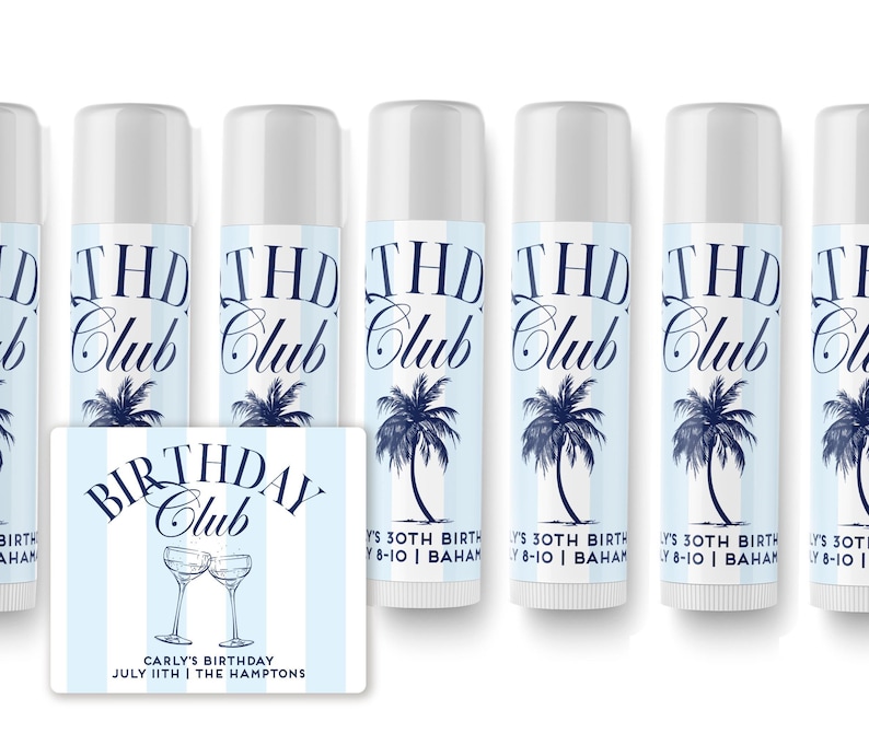 Birthday Club Lip Balm - Beach Birthday Favors - Birthday Club - Custom Lip Balms SET - Champagne Coupe - Palm image 6