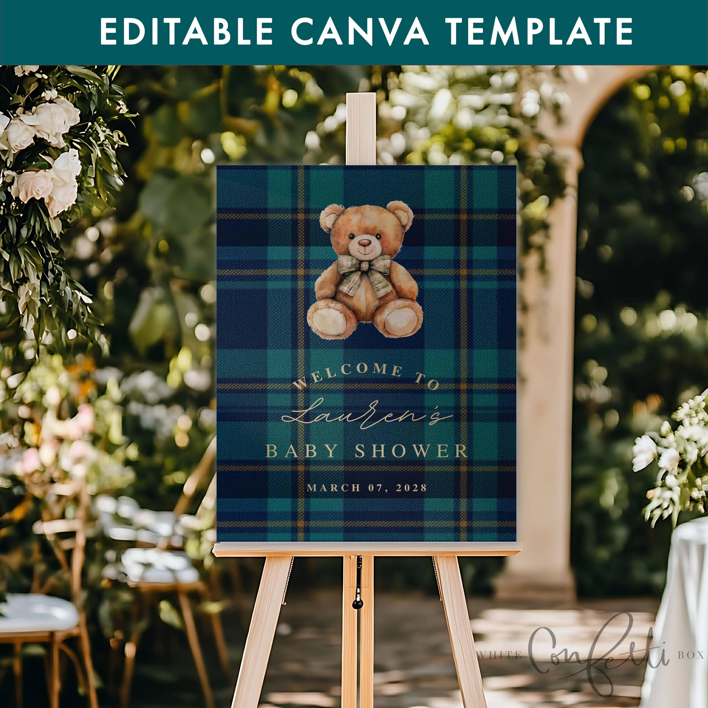 Baby Shower Welcome Sign - EDITABLE TEMPLATE - Elegant Teddy Bear Shower Welcome - Preppy Plaid Bear Sign - Luxe Baby Shower Sign PRINTABLE