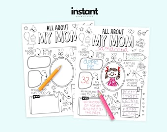 Mother's Day PRINTABLE Coloring Page - All About My Mom - INSTANT DOWNLOAD - Fill in the Blank Coloring Page for Mom - Kids Gift for Mom
