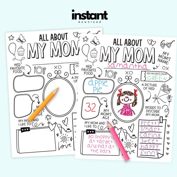 Mother's Day PRINTABLE Coloring Page - All About My Mom - INSTANT DOWNLOAD - Fill in the Blank Coloring Page for Mom - Kids Gift for Mom