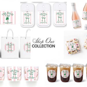 various items related to The Bach Club, including a bottle, a cup, a bag, a box, and some treats. The items are arranged in a grid-like pattern, with the text "The Bach Club" prominently displayed on them.
