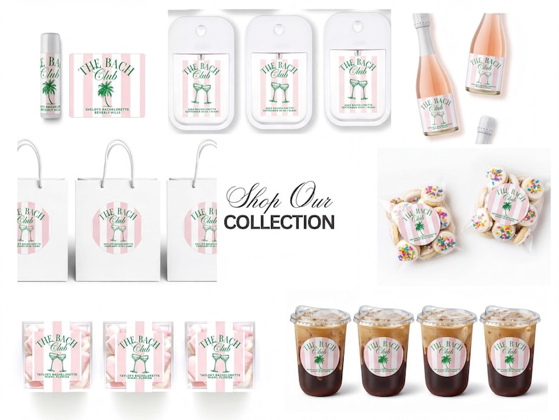 various items related to The Bach Club, including a bottle, a cup, a bag, a box, and some treats. The items are arranged in a grid-like pattern, with the text "The Bach Club" prominently displayed on them.