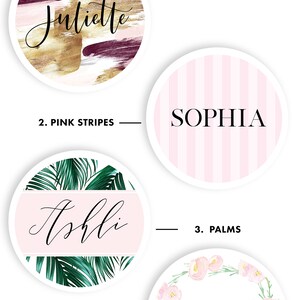 May include: Four different designs for personalized round stickers with names. The designs include pink brushstrokes, pink stripes, palm leaves, and pink floral.