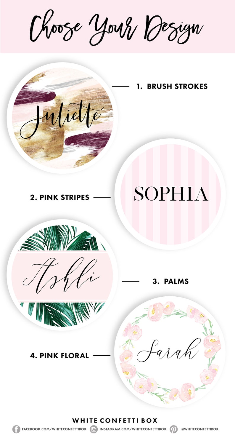 May include: Four different designs for personalized round stickers with names. The designs include pink brushstrokes, pink stripes, palm leaves, and pink floral.