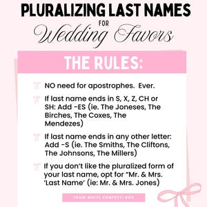 A pink and white guide to using last names as wedding favors, with rules for how to use them.