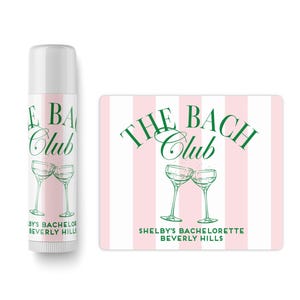 a bottle of lotion and a sticker with the logo of "The Bach Club" and the text "Shelby's Bachelorette Beverly Hills".