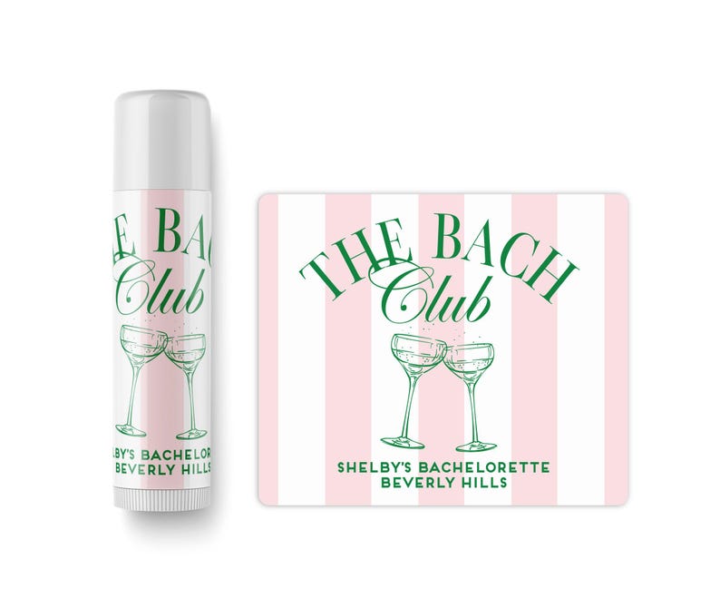a bottle of lotion and a sticker with the logo of "The Bach Club" and the text "Shelby's Bachelorette Beverly Hills".
