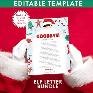 May include: An editable template for a goodbye letter from an elf, featuring a light blue background with Christmas illustrations like gingerbread men, trees, and ornaments. The text reads Goodbye! Carter & Zoe, followed by a poem signed Chippy The Elf.