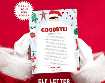May include: An editable template for a goodbye letter from an elf, featuring a light blue background with Christmas illustrations like gingerbread men, trees, and ornaments. The text reads Goodbye! Carter & Zoe, followed by a poem signed Chippy The Elf.