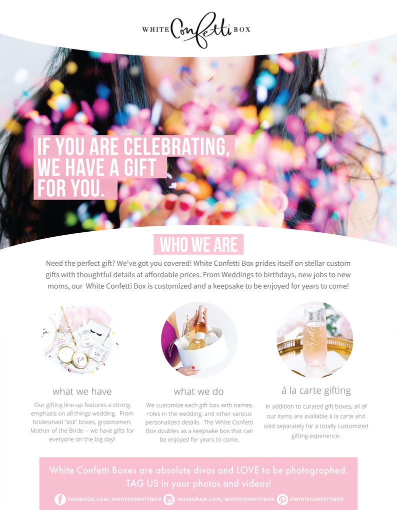 Pu&ograve; includere: White Confetti Box offre scatole regalo personalizzate per diverse occasioni, tra cui matrimoni, compleanni e nuovi lavori. Le scatole sono personalizzate con nomi e dettagli e possono essere apprezzate per anni. Il testo sull'immagine dice: "Se stai festeggiando, abbiamo un regalo per te."