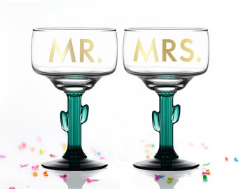 Mr. Mrs. Margarita Glass SET OF 2 - Bride Groom Margarita Glass - Cactus Margarita Glass - Couple's Wedding Gift - Wedding Shower Gift Idea