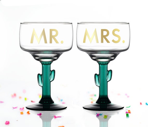 Mr. Mrs. Margarita Glass SET OF 2 - Bride Groom Margarita Glass - Cactus Margarita Glass - Couple's Wedding Gift - Wedding Shower Gift Idea