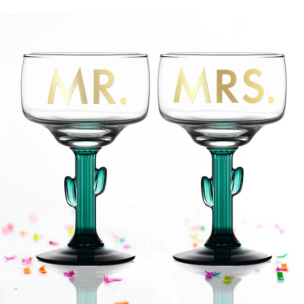 Mr. Mrs. Margarita Glass SET OF 2 - Bride Groom Margarita Glass - Cactus Margarita Glass - Couple's Wedding Gift - Wedding Shower Gift Idea