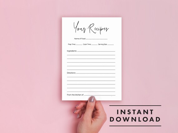 Recipe Page Instant Download - Minimalist Recipe Page PRINTABLE - Recipe Card DOWNLOAD - Modern Printable Recipe Page - Recipe Binder Page
