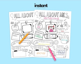 Página para colorear "Todo sobre mí" - DESCARGA INSTANTÁNEA - Actividad para el regreso a clases - Página para conocerme - Actividad para niños del primer día de clases