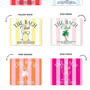 a collection of colorful labels or designs for a club, with each label featuring a different color and text. The labels are arranged in a grid format, with four rows and three columns. The text on the labels includes the name of the club, such as "The Bach Club", "The Bach Club", "The Bach Club", and "The Bach Club". The colors of the labels are pink, blue, yellow, and green.