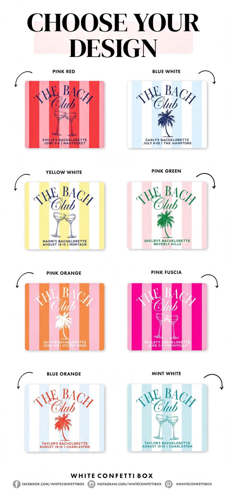 a collection of colorful labels or designs for a club, with each label featuring a different color and text. The labels are arranged in a grid format, with four rows and three columns. The text on the labels includes the name of the club, such as "The Bach Club", "The Bach Club", "The Bach Club", and "The Bach Club". The colors of the labels are pink, blue, yellow, and green.