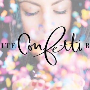 May include: Image features a person with long dark hair, eyes closed, surrounded by colorful confetti. The text "WHITE Confetti BOX" is overlaid in a stylish script font, suggesting a party or celebration theme.