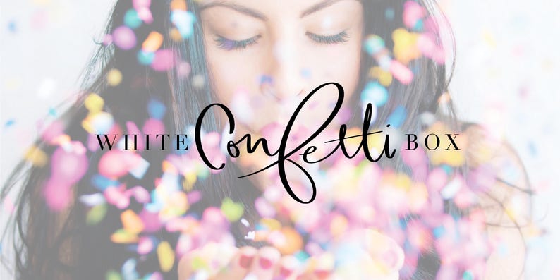 May include: Image features a person with long dark hair, eyes closed, surrounded by colorful confetti. The text "WHITE Confetti BOX" is overlaid in a stylish script font, suggesting a party or celebration theme.
