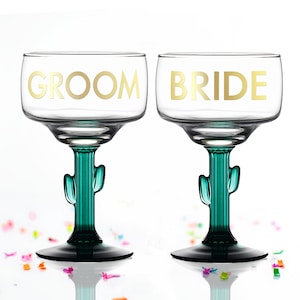Bride Groom Margarita Glass SET OF 2 - Mr. & Mrs. Cactus Margarita Glass - Cactus Margarita Glass  - Bridal Shower Gift - Engagement Gift