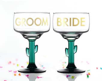 Bride Groom Margarita Glass SET OF 2 - Mr. & Mrs. Cactus Margarita Glass - Cactus Margarita Glass  - Bridal Shower Gift - Engagement Gift