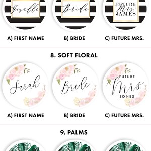 May include: Three different designs for bridal shower favors. The first design is black and white stripes with the text "Bride" in gold. The second design is a floral pattern with the text "Bride" in black. The third design is a tropical leaf pattern with the text "Bride" in pink.