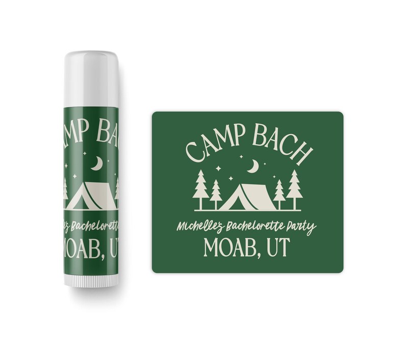 a green tube of Camp Bach lip balm and a green sticker with the Camp Bach logo.