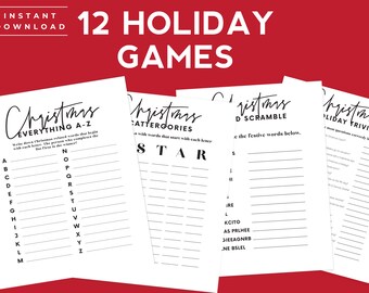 Ensemble de jeux de Noël minimalistes - Jeux de Noël à imprimer - Jeux de Noël minimalistes pour toute la famille - Jeu pour les fêtes - Lot de 12 jeux