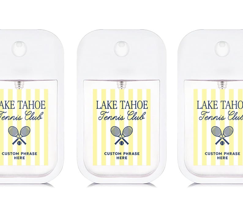 Three identical hand sanitizer dispensers with the text "Lake Tahoe Tennis Club" printed on them.