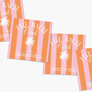 May include: Square cards with a pink and orange striped pattern. The text "THE BACH Club" is in white script, with a white palm tree graphic. The text "EMILIE'S BACHELORETTE FEBRUARY 10-12 | BAHAMAS" is also included.