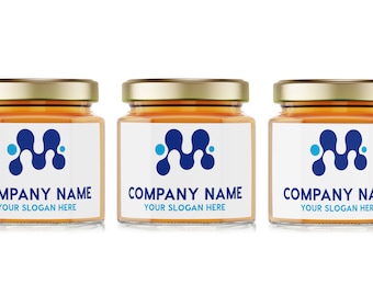 May include: Three glass jars with gold lids filled with a honey-colored liquid. Each jar has a white label with a blue abstract logo and the text "COMPANY NAME" and "YOUR SLOGAN HERE".