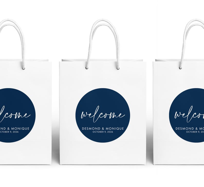 Three white paper bags with blue circular logos and text, arranged in a row.