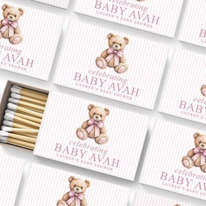 a collection of pink and white baby shower invitation cards, each featuring a teddy bear and the text "Celebrating BABY AVAH" along with the name "Lauren's Baby shower".