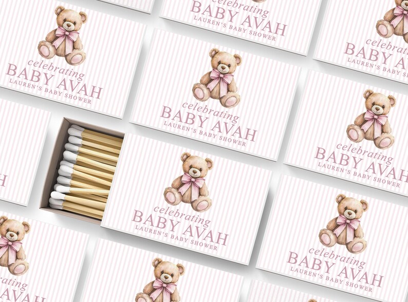 a collection of pink and white baby shower invitation cards, each featuring a teddy bear and the text "Celebrating BABY AVAH" along with the name "Lauren's Baby shower".
