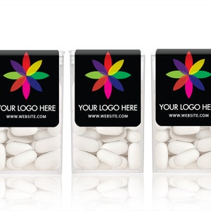 May include: Five clear plastic containers filled with white mints. Each container has a black label with a colorful flower logo and the text "YOUR LOGO HERE" and "WWW.WEBSITE.COM".