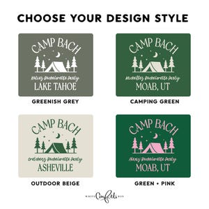 four different design styles for a "Camp Bach" event, including a green and white design, a green and pink design, an outdoor beige design, and a green and pink design.